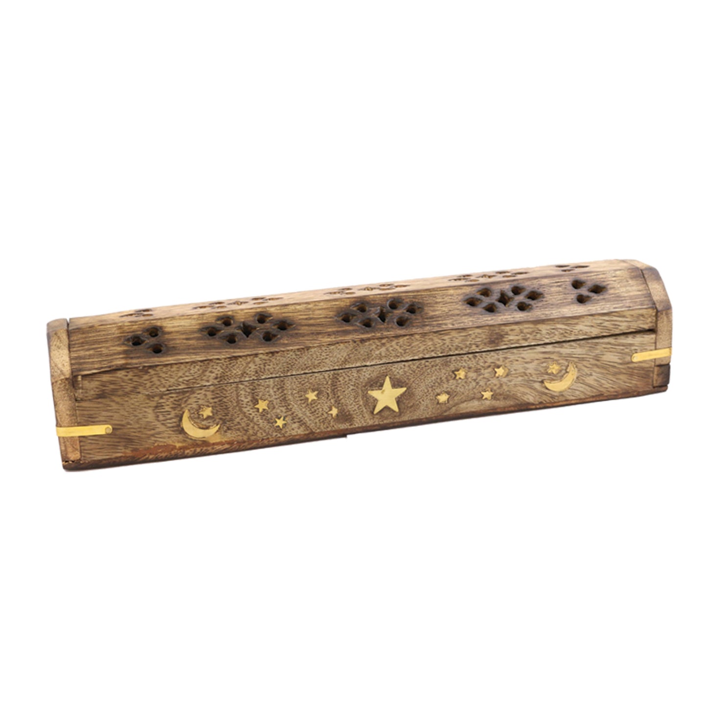 Hand Carved Wooden Incense Burner Box - Moon & Stars